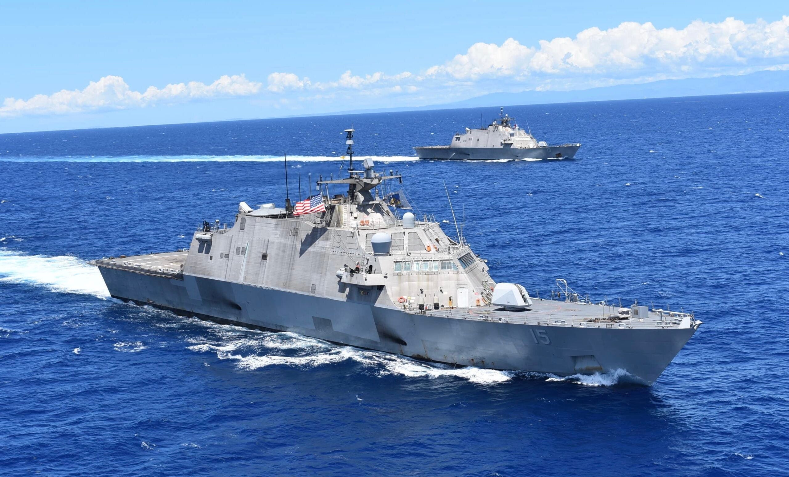 220910-N-N3764-2001

Caribbean Sea - (Sept. 10, 2022) — The Freedom-variant littoral combat ships USS Billings (LCS 15) and USS Wichita (LCS 13) participate in a photo exercise in the Caribbean Sea, Sept. 10, 2022. Wichita and Billings are deployed to the U.S. 4th Fleet area of operations to support Joint Interagency Task Force South’s mission, which includes counter-illicit drug trafficking missions in the Caribbean and Eastern Pacific. (U.S. Navy photo by Mineman 2nd Class Justin Hovarter/Released)