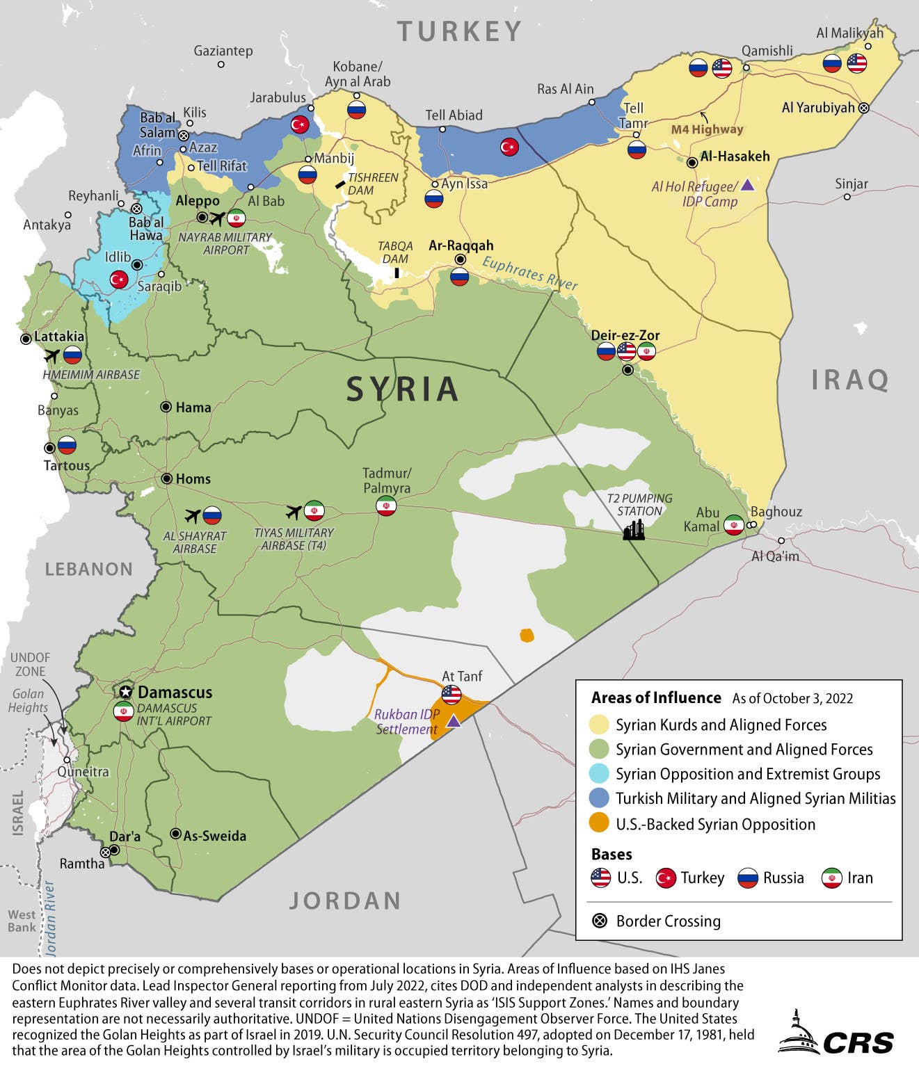 A map showing the general disposition of US, Russian, and other forces in Syria as of October 2022. Qamishili is seen marked with both US and Russian flags in the northeast concern of the country. <em>Congressional Research Service</em>