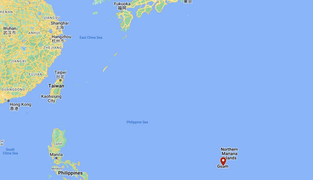 A map giving a general sense of the location of Guam relative to mainland China, as well as Taiwan, Japan, and the Philippines. <em>Google Maps</em>