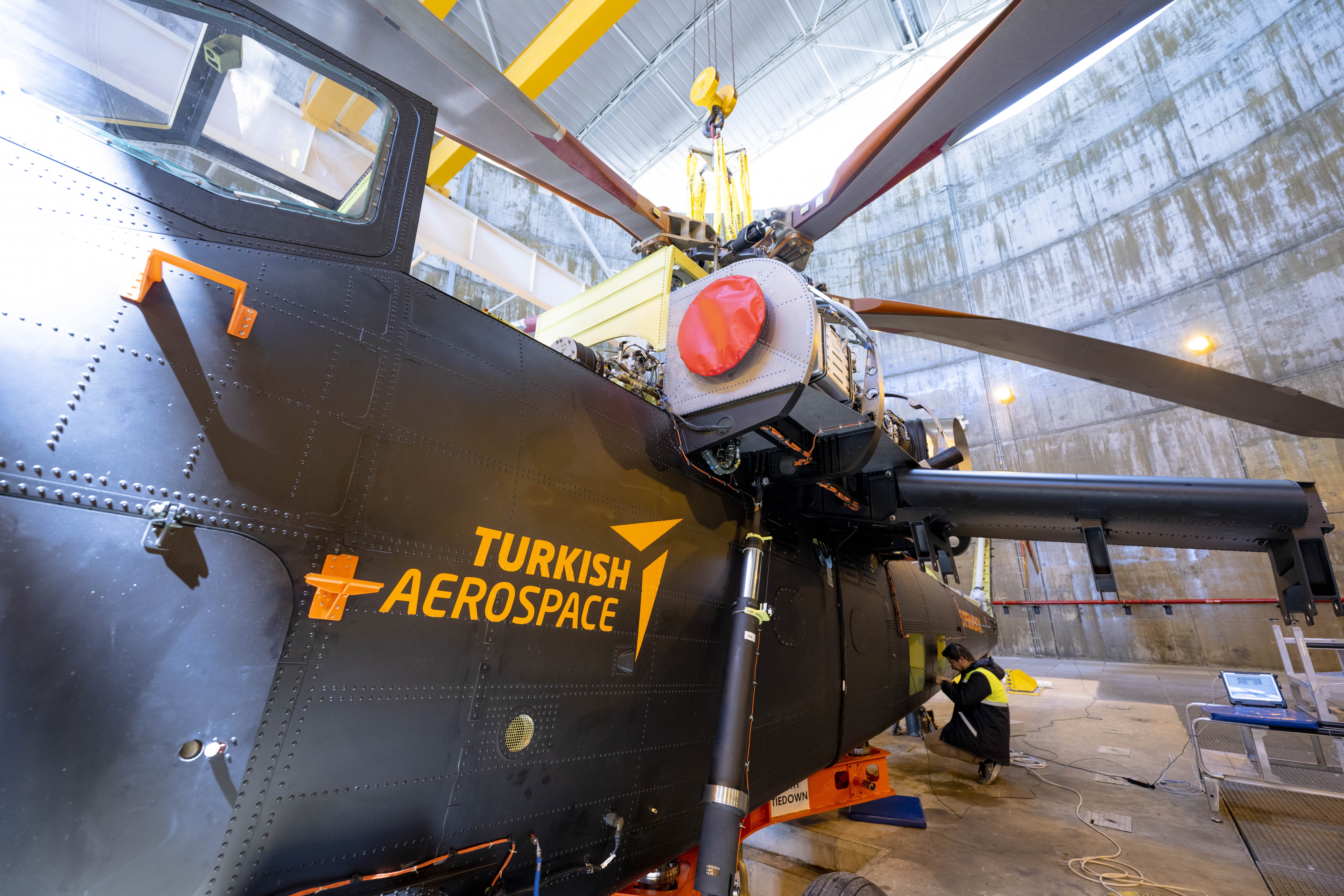 ANKARA, TURKIYE - APRIL 24: A view of the ATAK-2 heavy attack helicopter, developed within the scope of Heavy Class Attack Helicopter Project under progress by Turkish Aerospace Industries (TAI) and Turkish Defence Industry Agency, in Ankara, Turkiye on April 24, 2023. (Photo by Aytac Unal/Anadolu Agency via Getty Images)