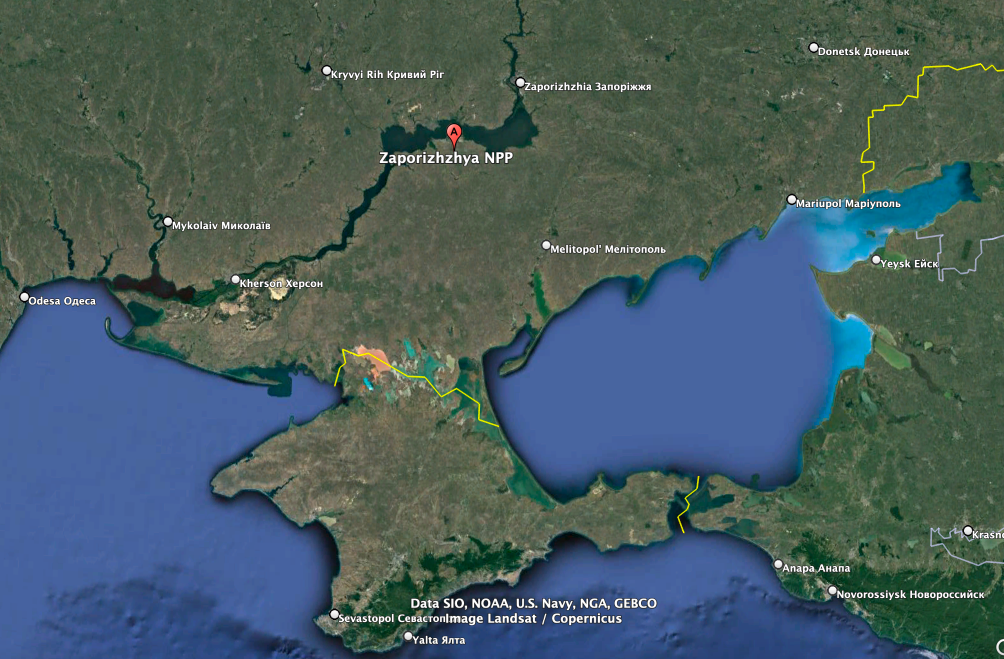 The Zaporizhzhia Nuclear Power Plant is about 95 miles north of the Crimean peninsula border. (Google Earth image)