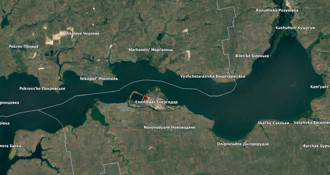 The Zaporizhzhia Nuclear Power Plants sits along the Dnipro River and could be targeted in a Ukrainian offensive. (Google Earth image)
