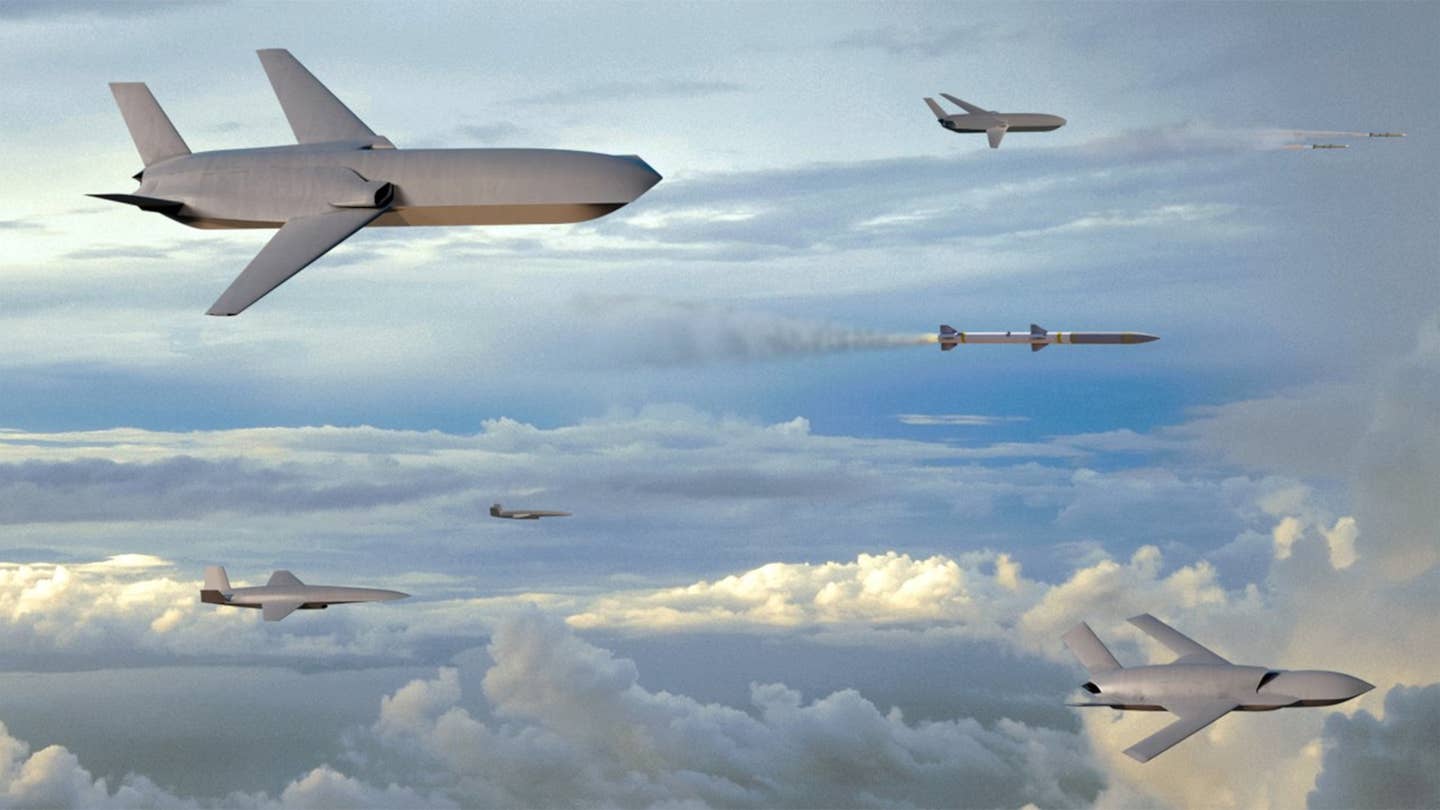 A rendering of various drones from General Atomics' Gambit family, including one firing an air-to-air missile. A Gambit design could be one contender in the Air Force's future CCA competition. <em>GA-ASI</em>
