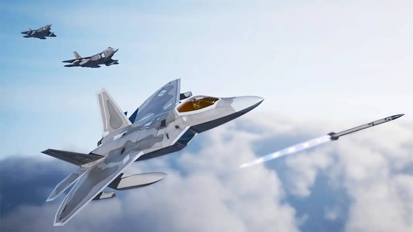 A rendering showing F-22 Raptors with various upgrades and one launching an advanced missile, possibly meant to represent the AIM-260. <em>USAF</em>