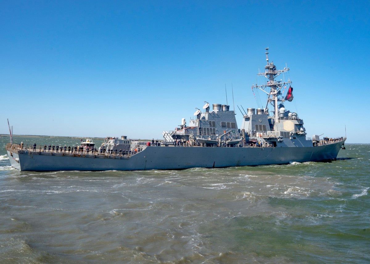 NORFOLK, Va. -  The Arleigh Burke-Class guided missile destroyer, USS Ramage (DDG 61), departs Naval Station Norfolk for deployment, May, 2, 2023. Ramage is deploying as part of the Gerald R. Ford Carrier Strike Group. (U.S. Navy photo by Mass Communication Specialist 1st Class Ryan Seelbach)