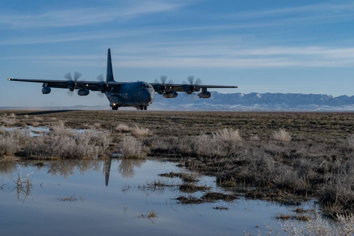 An MC-130J Commando II lands on Highway 287 during Exercise Agile Chariot, April 30, 2023, honing capabilities linked to Agile Combat Employment. (U.S. Air Force photo by Tech. Sgt. Carly Kavish)