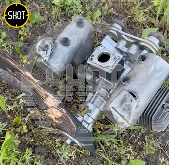 The Russian <em>SHOT</em> media outlet says wreckage from a drone, including the engine seen here, was discovered at the Ilsky refinery. (<em>SHOT</em> screencap)