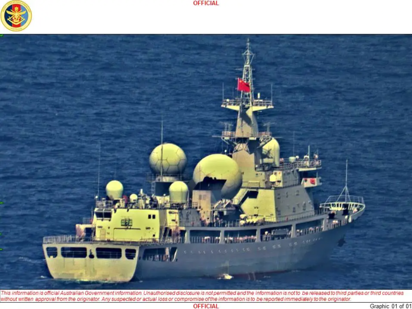 An official Australian Department of Defense photo of the Type 815&nbsp;<em>Dongdiao</em>&nbsp;class auxiliary intelligence ship, or AGI,&nbsp;<em>Haiwangxing</em>&nbsp;operating off the northwest shelf of Australia in May 2022.&nbsp;<em>Australian Department of Defense</em>