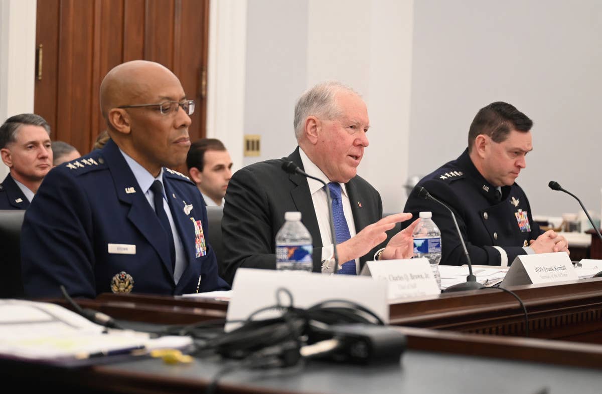 Secretary of the Air Force Frank Kendall, at center, flanked by Air Force Chief of Staff Gen. Charles Q Brown, left, and Chief of Space Operations Gen. Chance Saltzman, at the House Armed Services Committee hearing on April 27, 2023. <em>USAF</em>