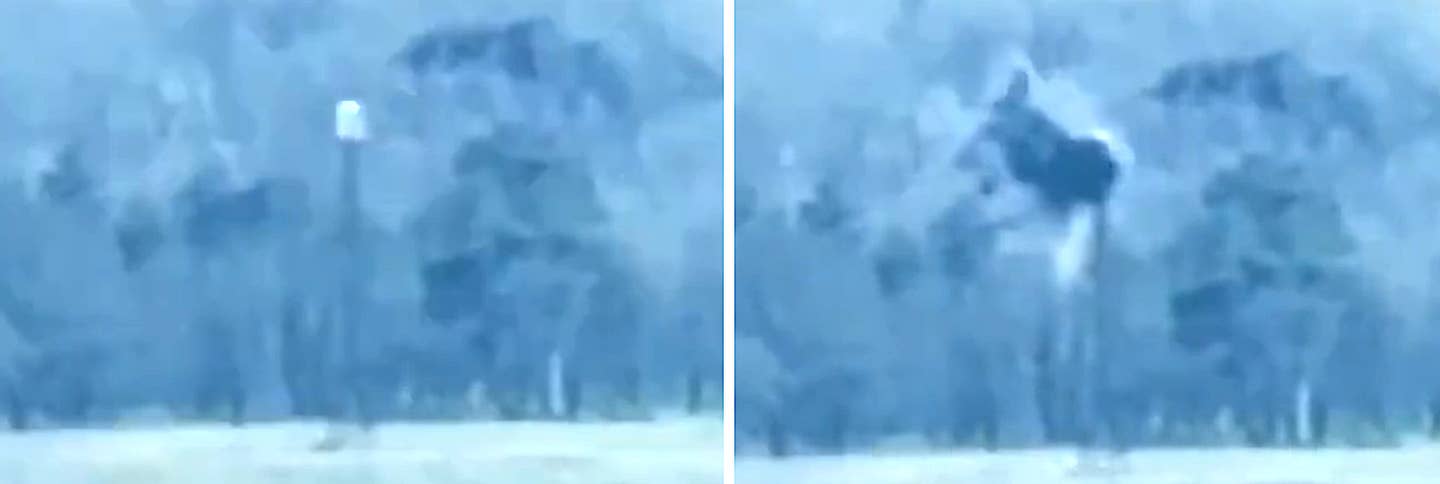 Clips from the video showing what may be a domed antenna on top of an elevated mast before and after being hit by a rocket. <em>Captures via Twitter</em>