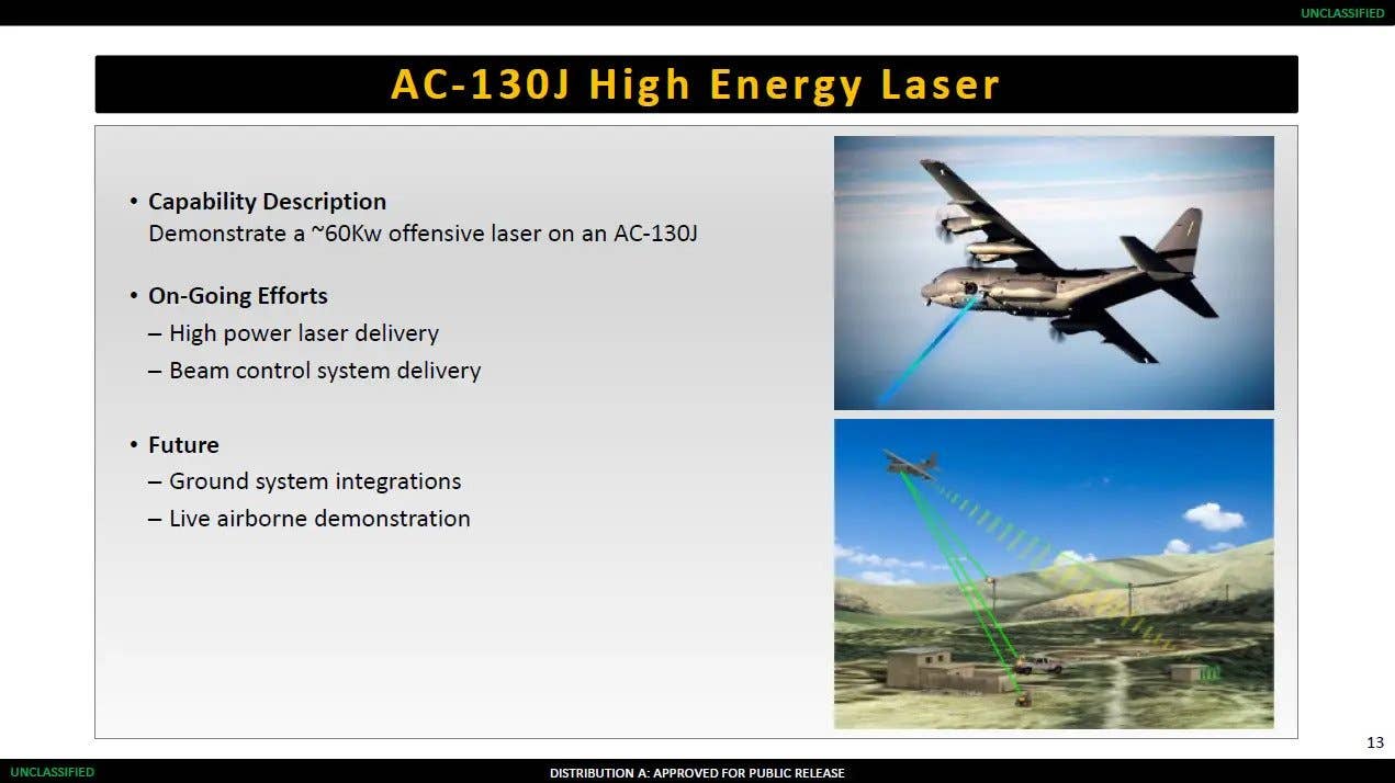 A slide covering the AC-130J laser weapon project that U.S. Special Operations Command released in May 2021. (SOCOM)