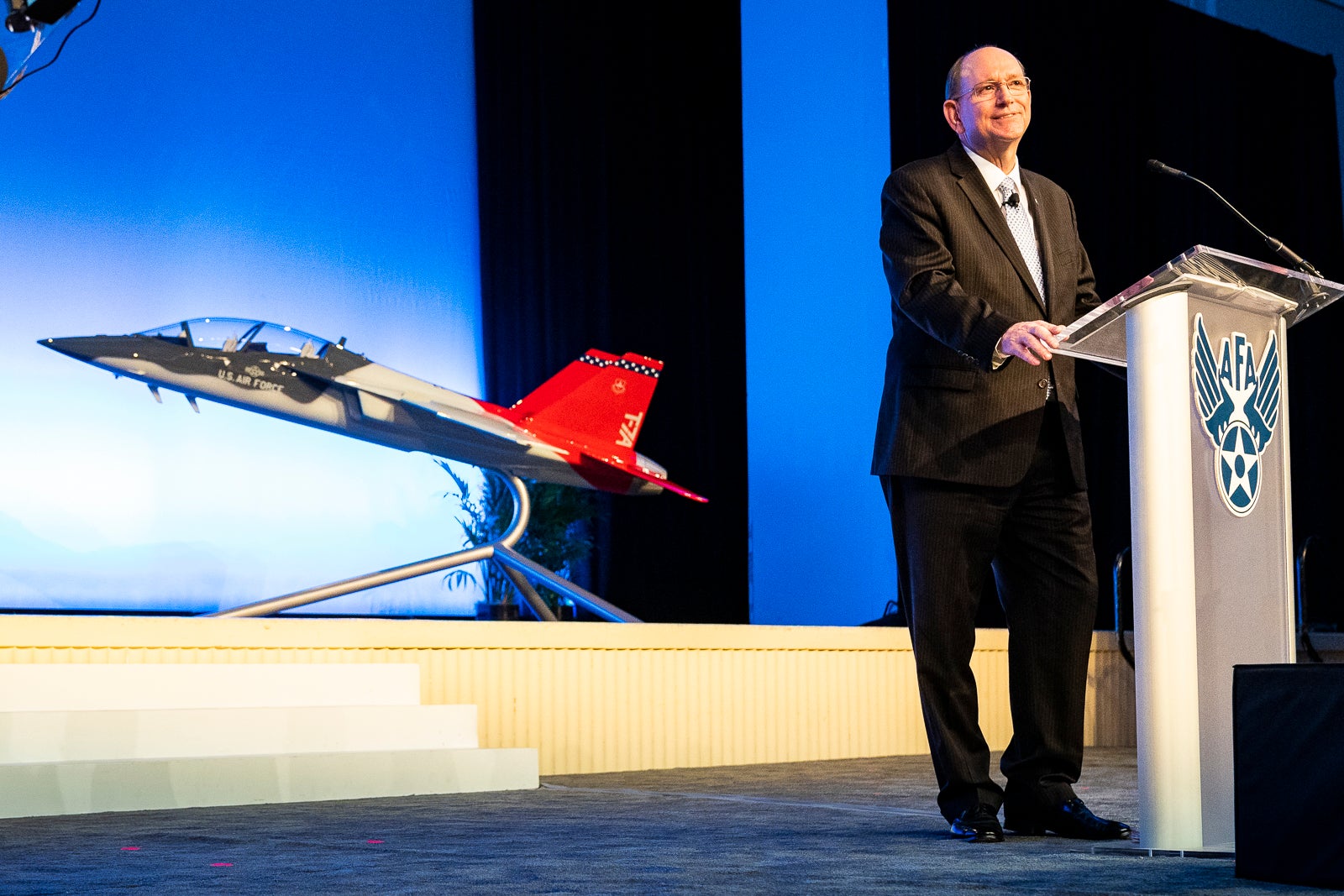 Acting Secretary of the Air Force Matthew P. Donovan reveals the name of the new Air Force trainer aircraft to be the T-7A Red Hawk during the Air Force Association Air, Space and Cyber Conference in National Harbor, Md., Sept. 16, 2019. From engaging speakers and panels focused on airpower, space, and cyber developments to the technology exposition featuring the latest technology, equipment, and solutions for tomorrow’s problems, the ASC has something for everyone. (U.S. Air Force photo by Tech. Sgt. D. Myles Cullen)