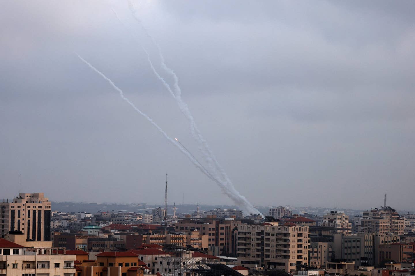 Rockets are launched from Gaza City toward Israel on May 12, 2023. <em>Photo by MAHMUD HAMS/AFP via Getty Images</em>