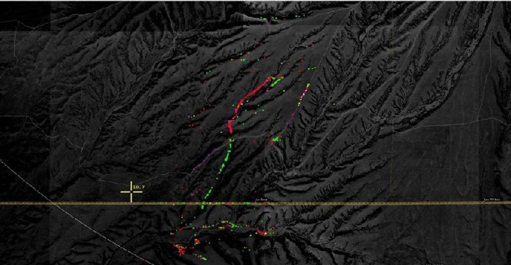 The feed from an AN/ZPY-5 VADER radar as an example of AESA GMTI functionality overlaid on top of a topographical map. <em>DHS</em>