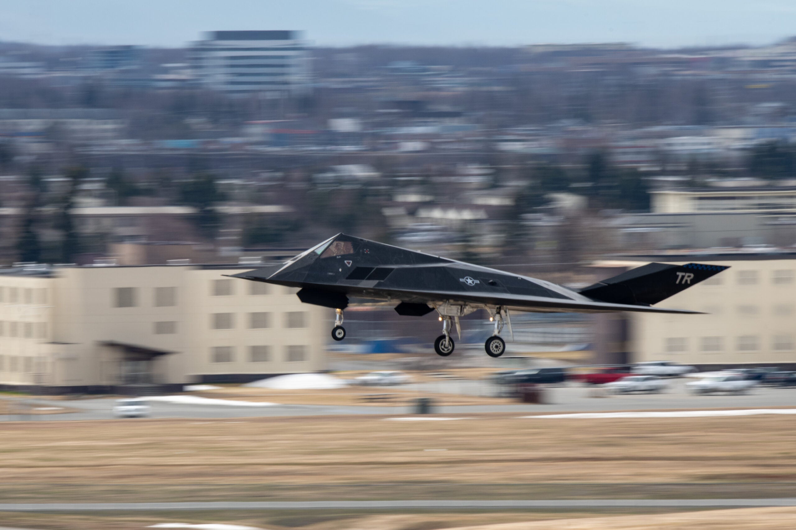 A U.S. Air Force F-117 Nighthawk prepares to land during Northern Edge 23-1 at Joint Base Elmendorf-Richardson, Alaska, May 10, 2023. Northern Edge 23-1 provides an opportunity for joint, multinational and multi-domain operations designed to implement high-end, realistic war fighter training, develop and improve joint interoperability, and enhance the combat readiness of participating forces. (U.S. Air Force photo by Senior Airman Patrick Sullivan)