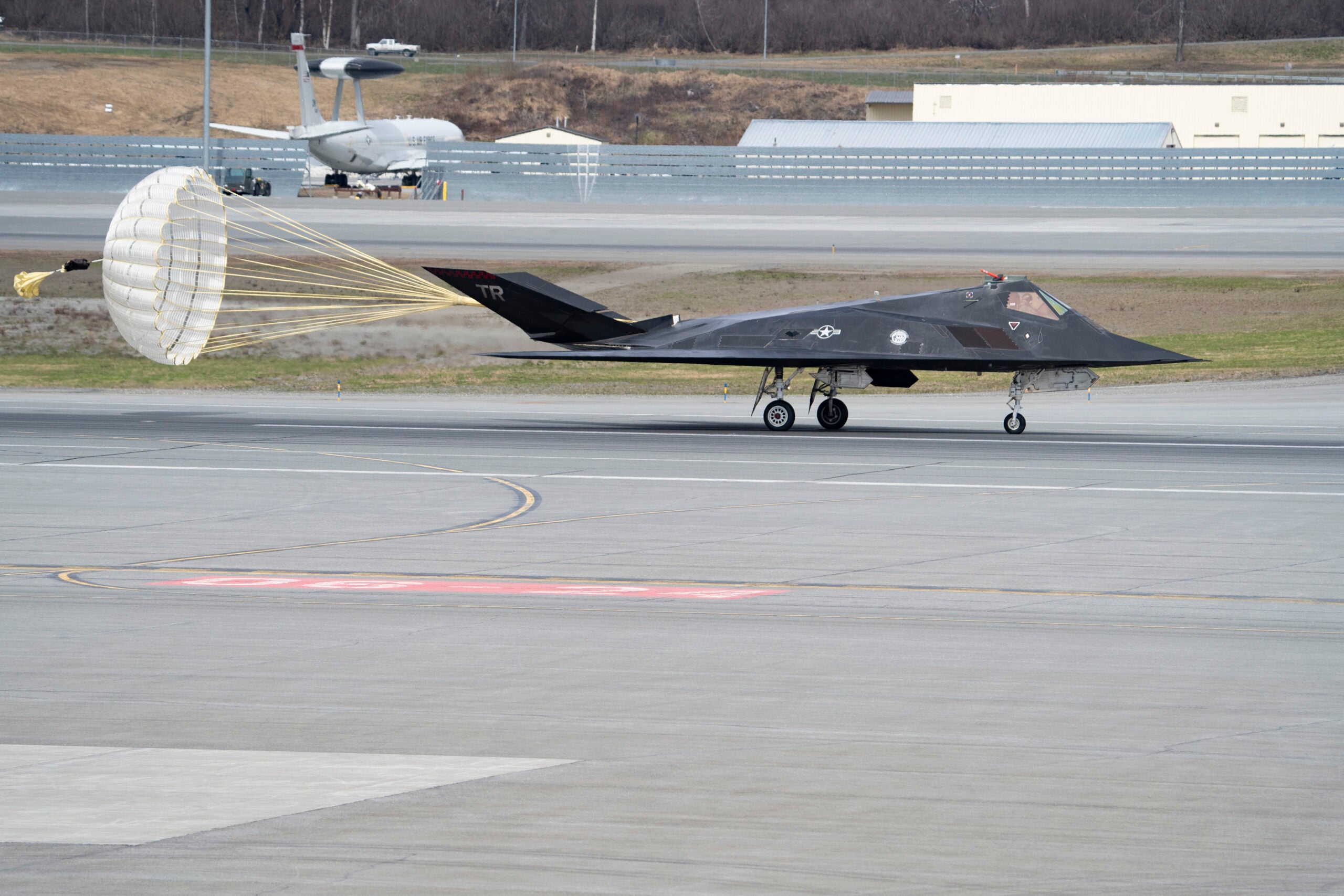 A U.S. Air Force F-117 Nighthawk lands during Northern Edge 23-1 at Joint Base Elmendorf-Richardson, Alaska, May 10, 2023. NE 23-1 provides an opportunity for joint, multinational and multi-domain operations designed to implement high-end, realistic war fighter training, develop and improve joint interoperability, and enhance the combat readiness of participating forces. (U.S. Air Force photo by Airman 1st Class Shelimar Rivera Rosado)