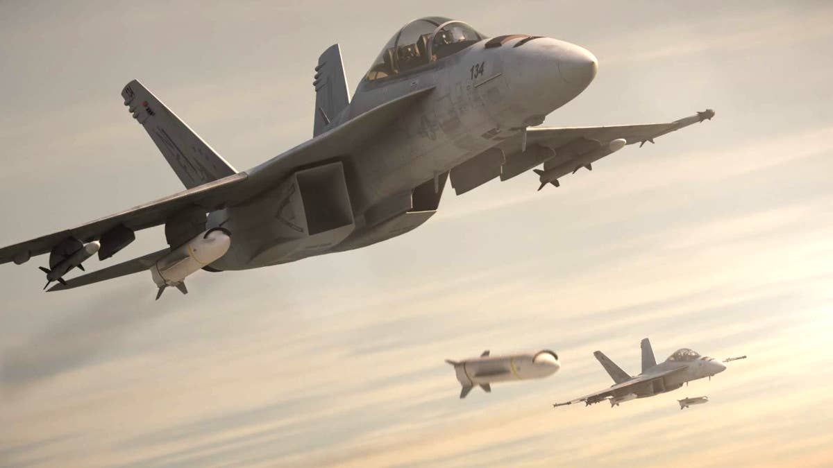 An artist's conception of a F/A-18F Super Hornets releasing hypersonic missiles. <em>Boeing</em> <em>via Aviation Week</em>