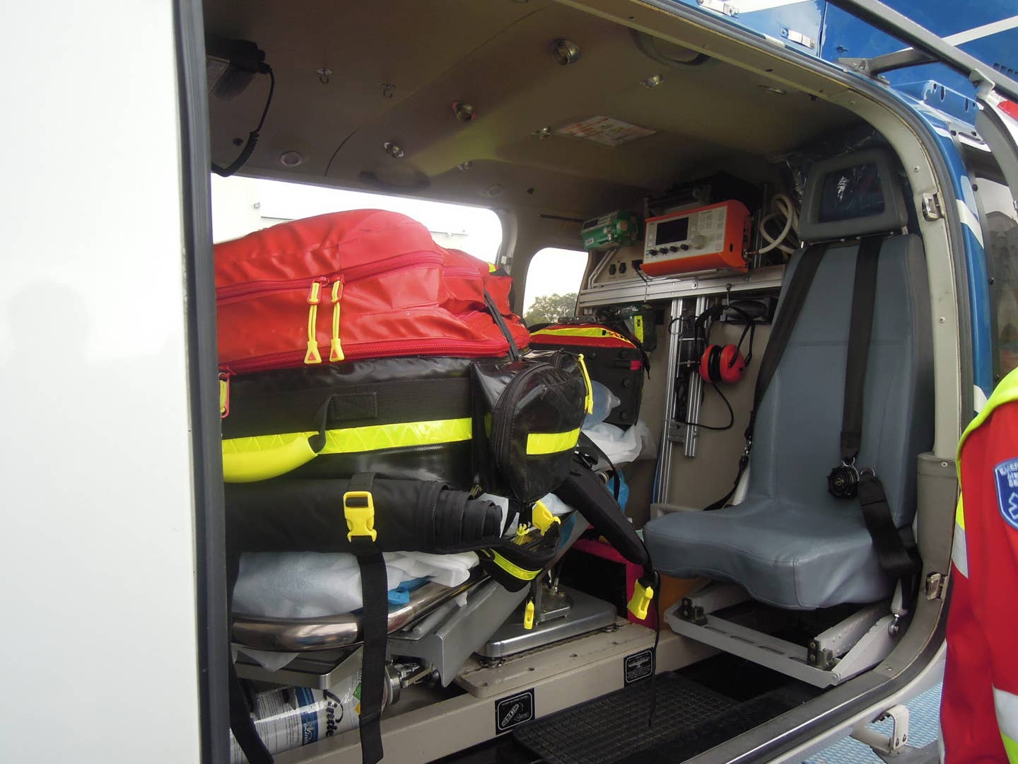 The interior of a Bell 427 equipped for medical evacuation. <em>Radim Holiš/Wikimedia Commons</em>