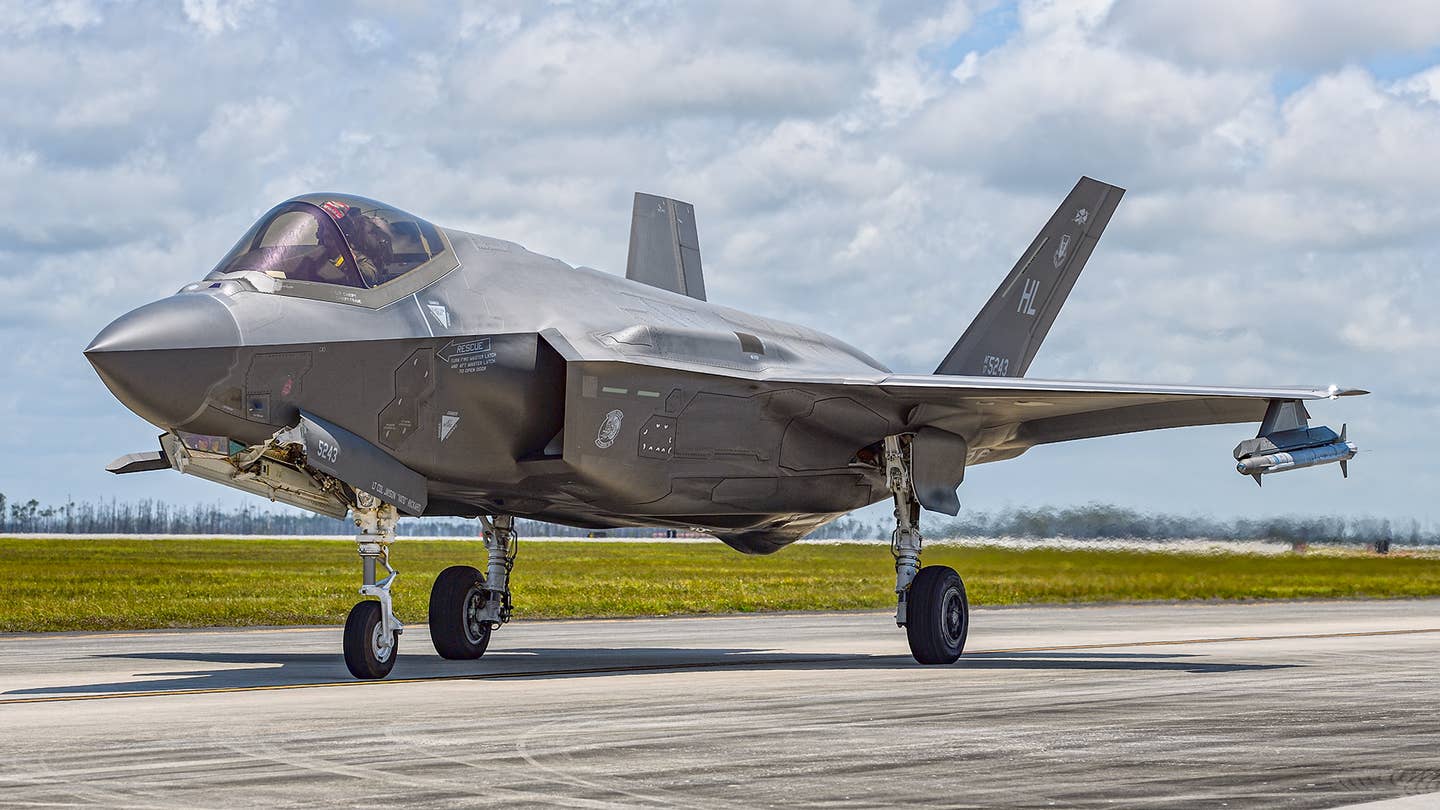 An F-35A of the 4th Fighter Squadron taxies out at Tyndall AFB in May 2023 for a Combat Archer mission. <em>Jamie Hunter</em>