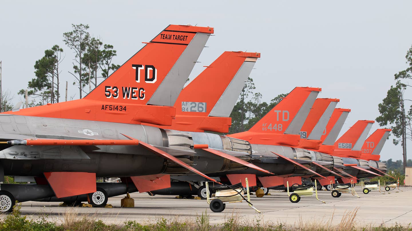 QF-16s earmarked for live shootdown on the "Death Row" line at Tyndall. <em>Richard Collens</em>