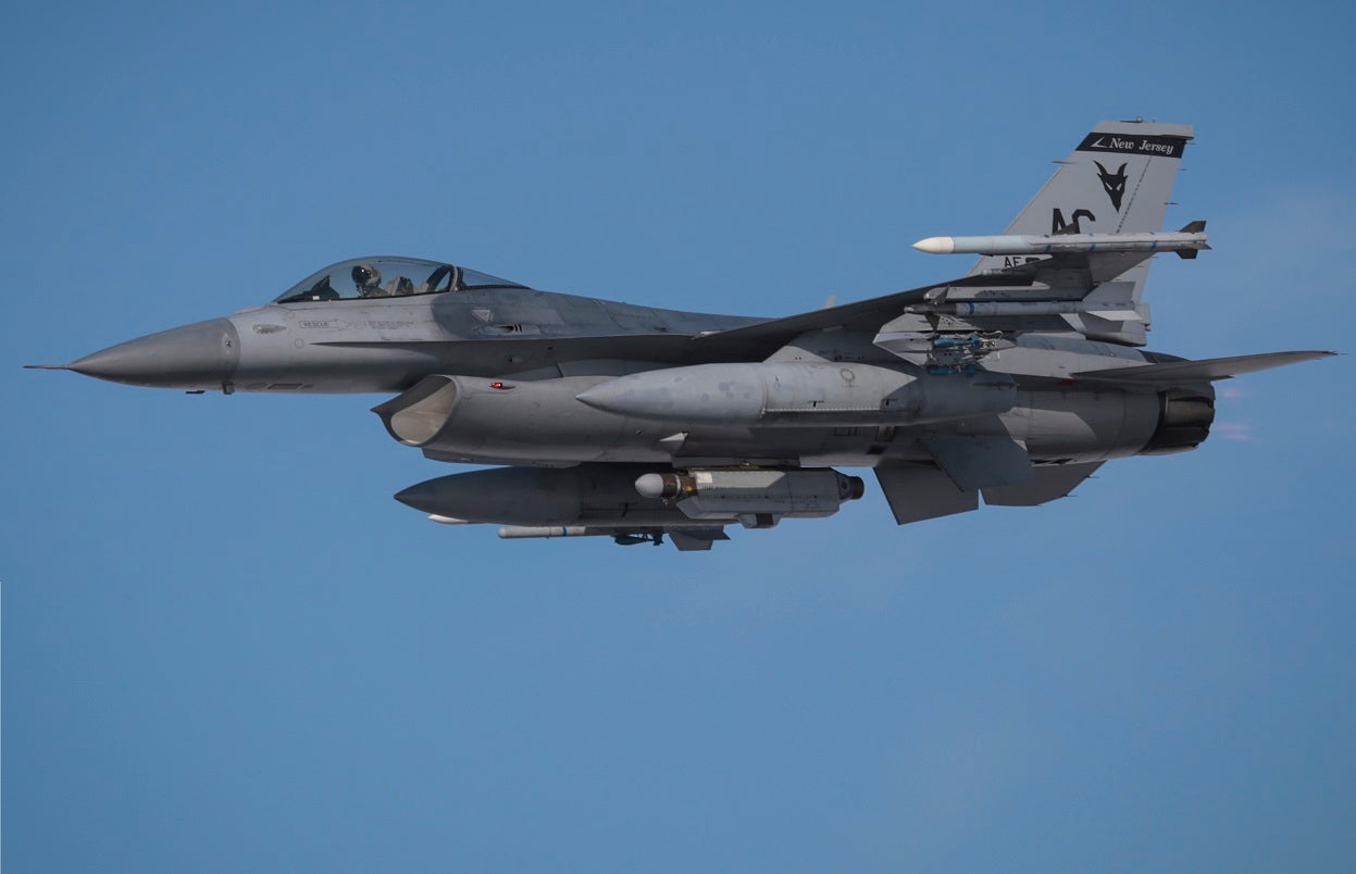 A U.S. Air Force F-16C Fighting Falcon from the New Jersey Air National Guard's 177th Fighter Wing "Jersey Devils" takes off for a training mission at Atlantic City Air National Guard Base, N.J., March 7, 2015. (U.S. Air National Guard photo by Tech. Sgt. Matt Hecht/Released)
