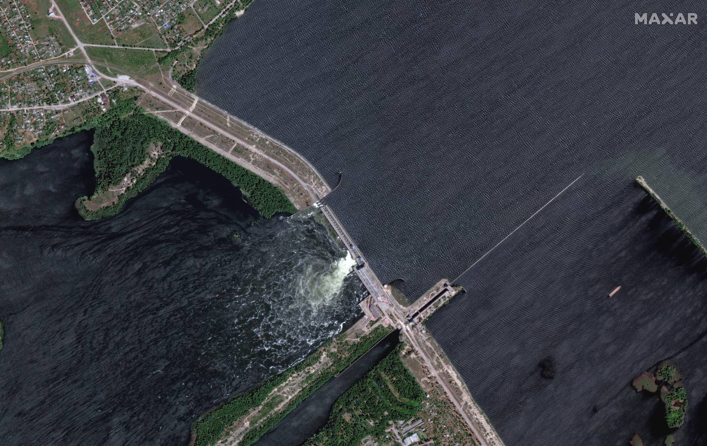 Overview of Nova Khakovka dam on June 5. (Satellite image ©2023 Maxar Technologies)&nbsp;