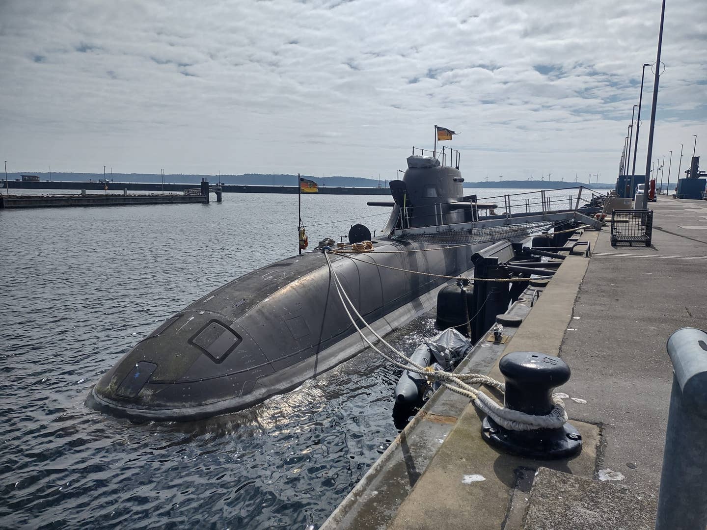 Type 212A class submarine <em>U-32</em> (S-182) moored at the 1st Submarine Squadron Base.<em> Photo by author</em>