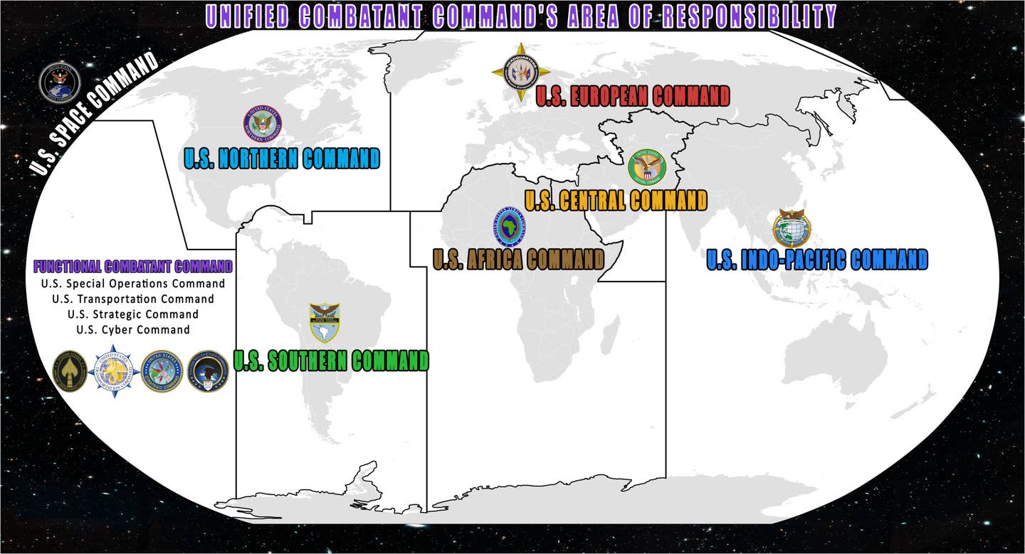 A graphic showing the U.S. military's seven current Geographic Combatant Commands (which includes U.S. Space Command) and their regional areas of responsibility. Also included here at left are the four so-called Functional Combatant Commands that provide unified control over certain specific types of forces worldwide. <em>DOD</em>