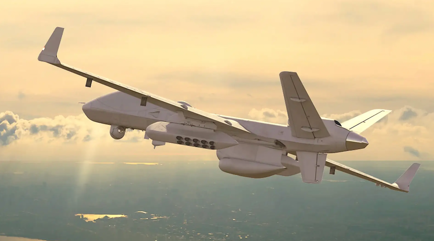 An artist’s conception of a fully configured MQ-9B SeaGuardian drone. The exact configuration of those being procured by Taiwan is not yet clear.&nbsp;<em>General Atomics</em>