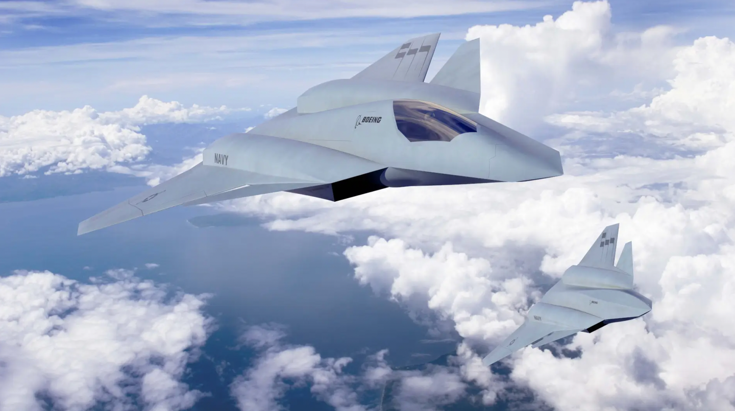 An artist’s conception of a sixth-generation stealth combat jet for the U.S. Navy, as well as an advanced companion drone design.&nbsp;<em>Boeing</em>