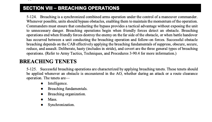 How the U.S. Army defines breaching operations. (Armor and Mechanized Infantry Company Team&nbsp;manual chart)
