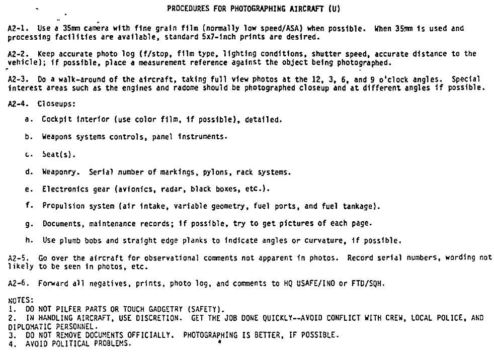 The section on "procedures for photographing aircraft" from US Air Forces In Europe Regulation 200-6, Creek Grab, dated October 31, 1990. <em>USAF via The National Security Archive</em>