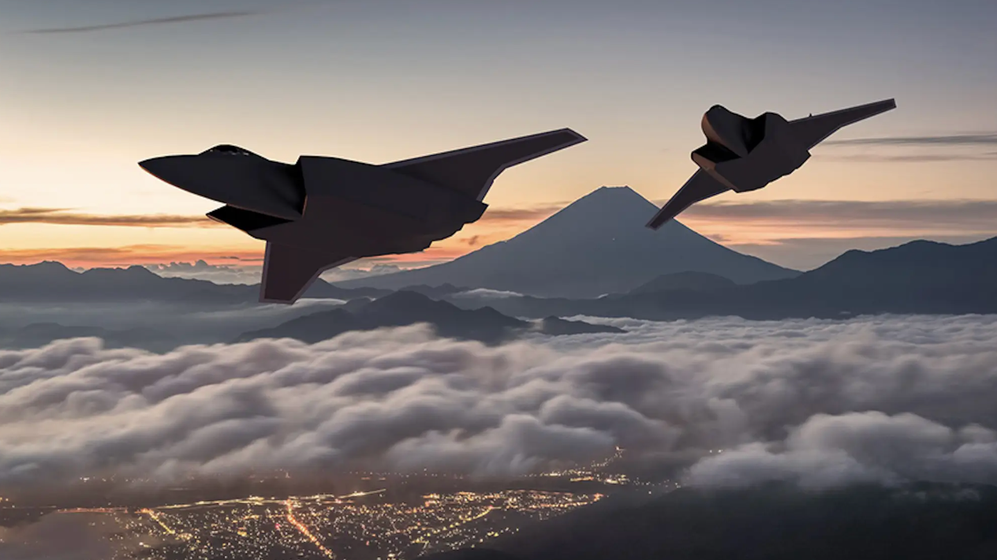 An official artist’s concept of a potential GCAP configuration, with Mount Fuji in the background.&nbsp;<em>MHI</em>