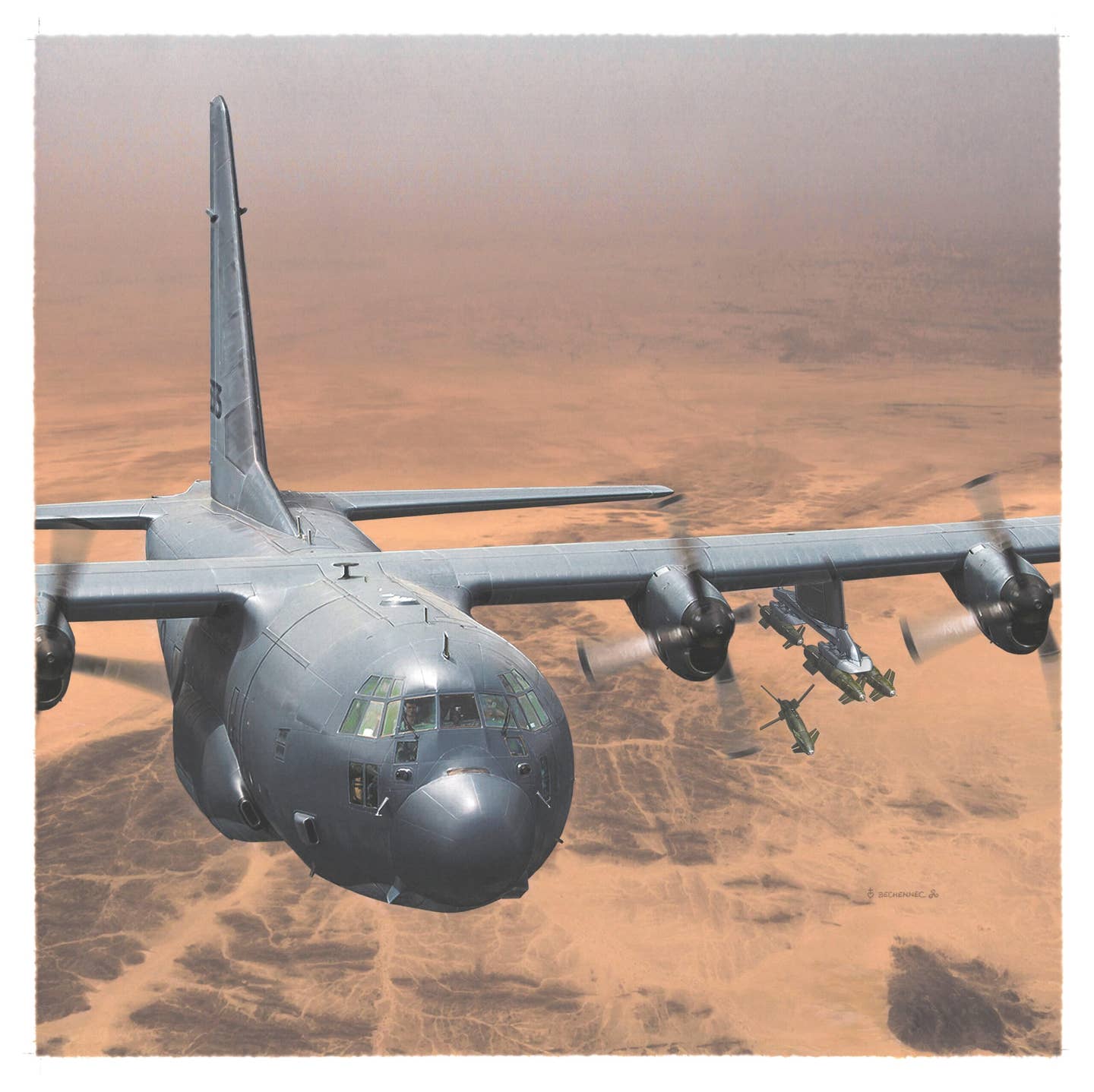 An artist’s concept showing the Gerfaut launcher for the AASM Hammer munition under the wing of a C-130 Hercules. <em>Turgis &amp; Gaillard</em>