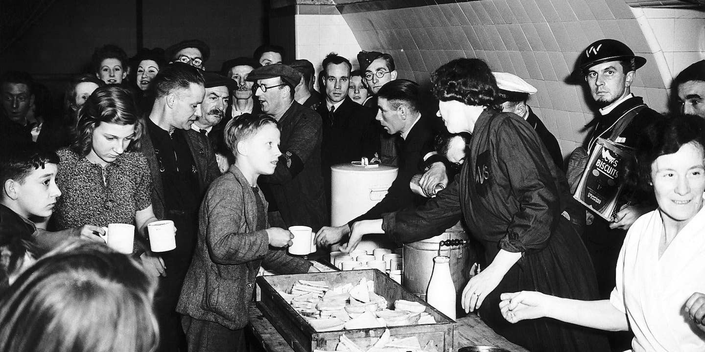 WVS serve tea and sandwiches to people sheltering at Liverpool Street underground station