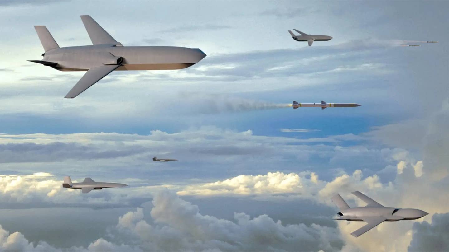 Renderings of drones General Atomics is developing around a common core "chassis." A design from this family, which is collectively called Gambit, was chosen as the winner of the Air Force's OBSS competition in February 2023. <em>GA-ASI</em>