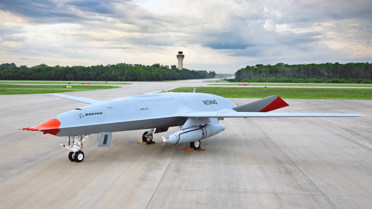 The U.S. Navy currently expects its first operational carrier-based drone to be the MQ-25 Stingray, designed primarily as an aerial refueling platform. Boeing is developing the MQ-25 and has conducted a number of initial ground and flight tests using the T1 demonstrator seen here. <em>Boeing</em>