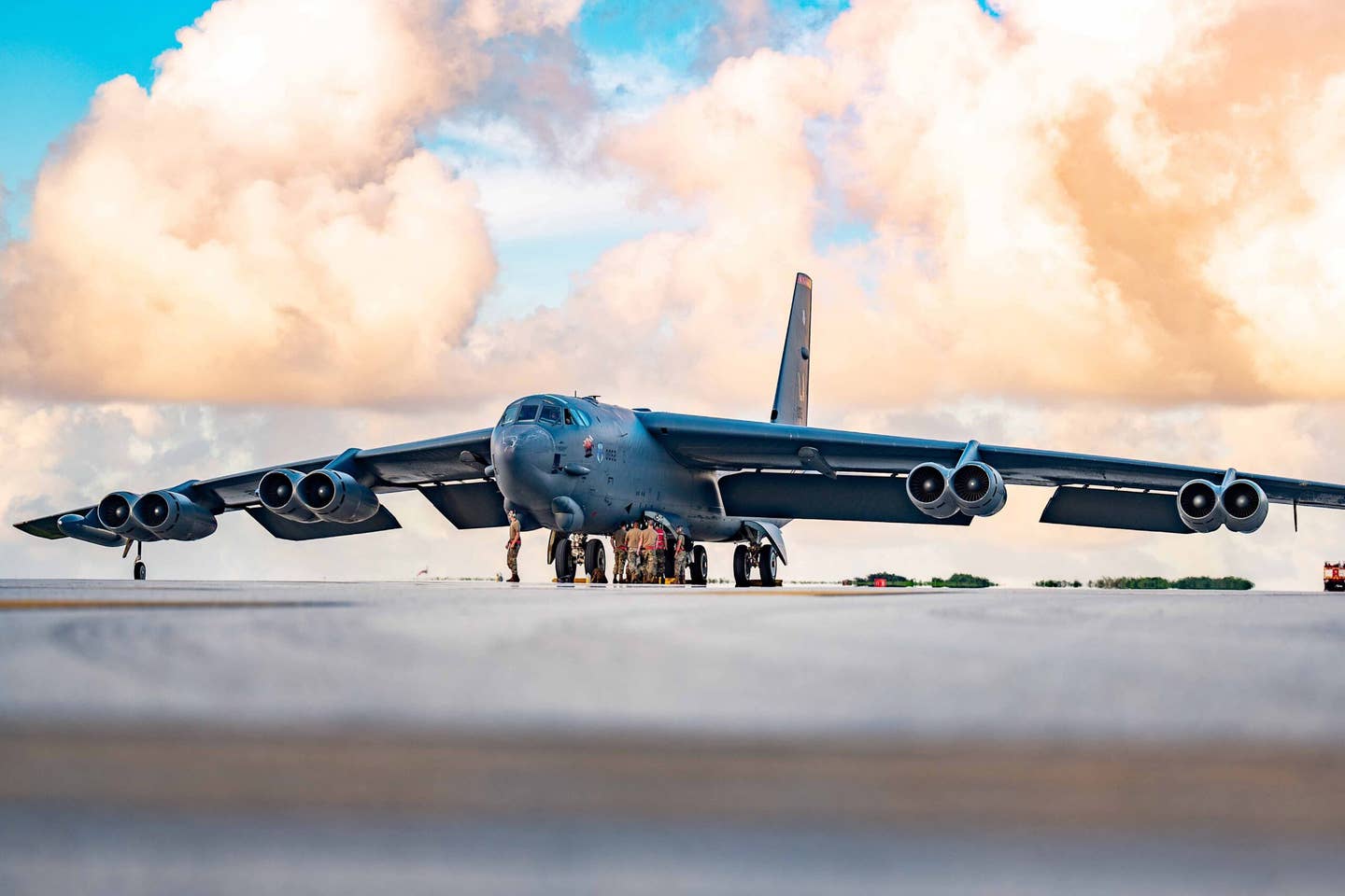A B-52 Stratofortress assigned to the 2nd Bomb Wing at Barksdale Air Force Base, La., undergoes maintenance at Andersen AFB, Guam, in support of a Bomber Task Force mission, April 11, 2023.<em> U.S. Air Force photo by Airman 1st Class William Pugh</em>
