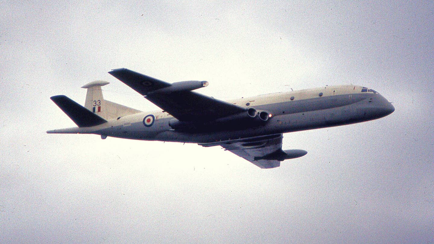 A Royal Air Force Hawker Siddley Nimrod MR1, seen in circa 1974 at RAF Kinloss in Scotland. <em>Mike McBey/Wikimedia Commons</em>