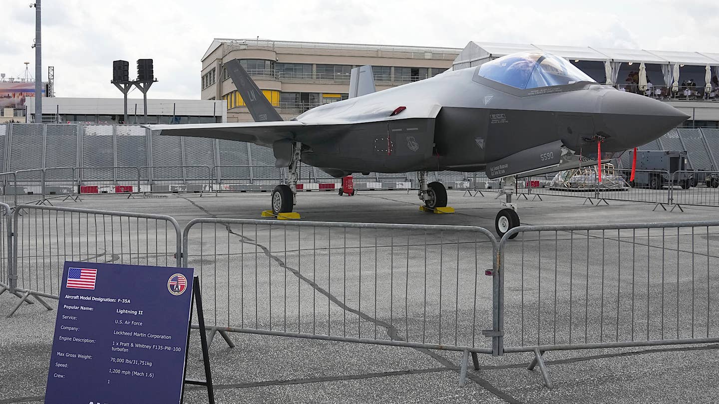 A US Air Force F-35A Joint Strike Fighter on display at the 2023 Paris Air Show. <em>AP Photo/Michel Euler</em>