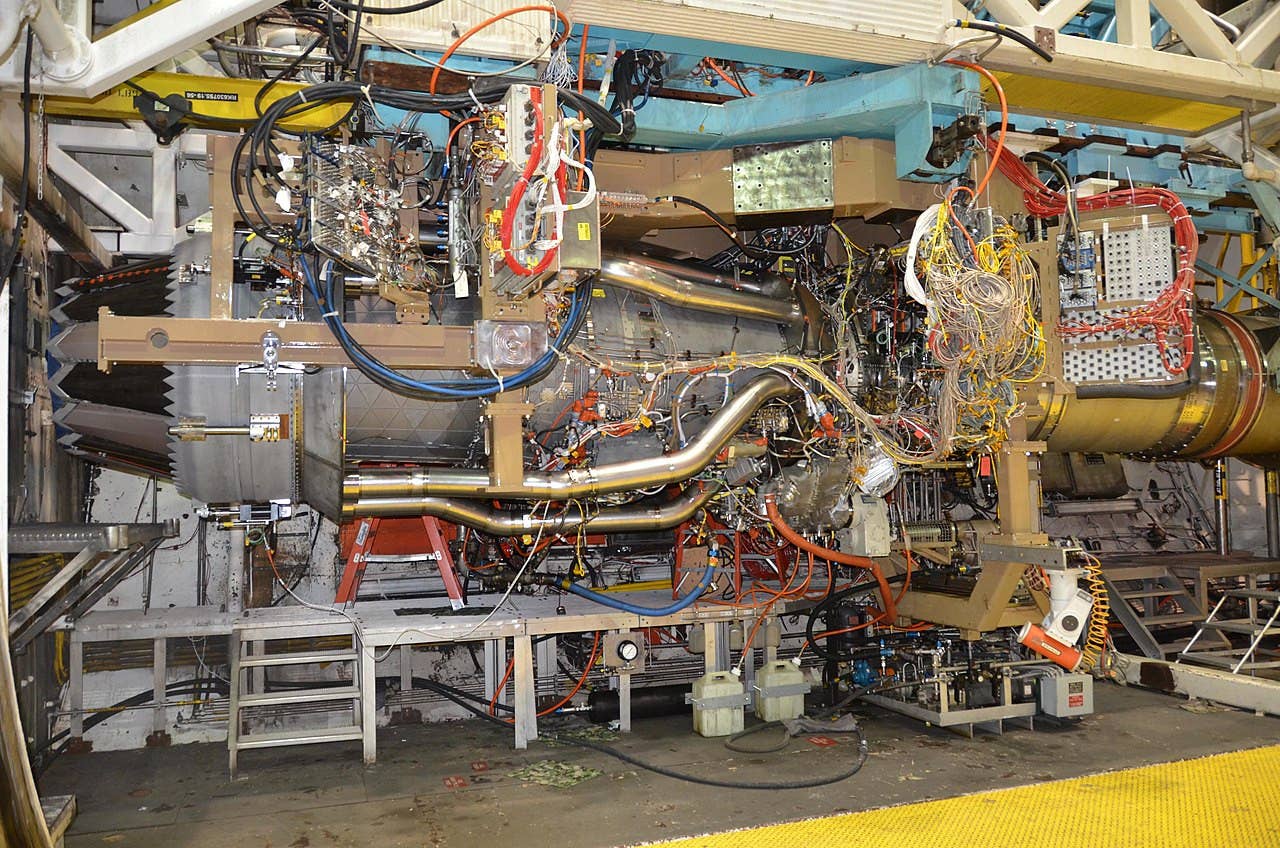 An engine test rig at the Air Force's Arnold Engineering Development Complex (AEDC) being used to test a three-stream fan as part of work on Pratt &amp; Whitney's XA101 design. <em>USAF</em>