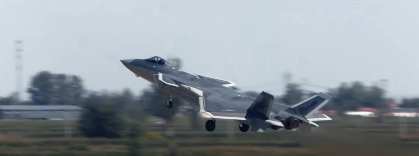 A WS-10-powered J-20 seen from the rear. <em>YouTube screen capture</em>
