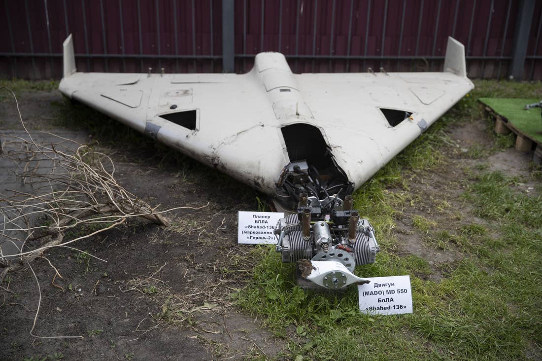 The remains of an Iranian-made Shahed-136 kamikaze drone recovered in Ukraine. <em>Kyiv City State Administration</em>