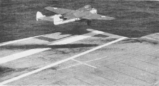 A Sea Vampire&nbsp;makes a touch-and-go landing on the aircraft carrier&nbsp;<em>USS Antietam</em>. The&nbsp;Sea Vampire conducted trials on the angled deck for four days while flying out of Royal Naval Air Station Ford, Sussex, in 1953. <em>U.S. Navy</em><br><br>