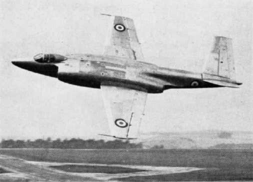 After the Supermarine 505 for flexible decks was abandoned, the company further developed the basic design as the Type 508, with wheeled landing gear, which later led to the swept-wing Scimitar. <em>U.S. Navy</em><br>