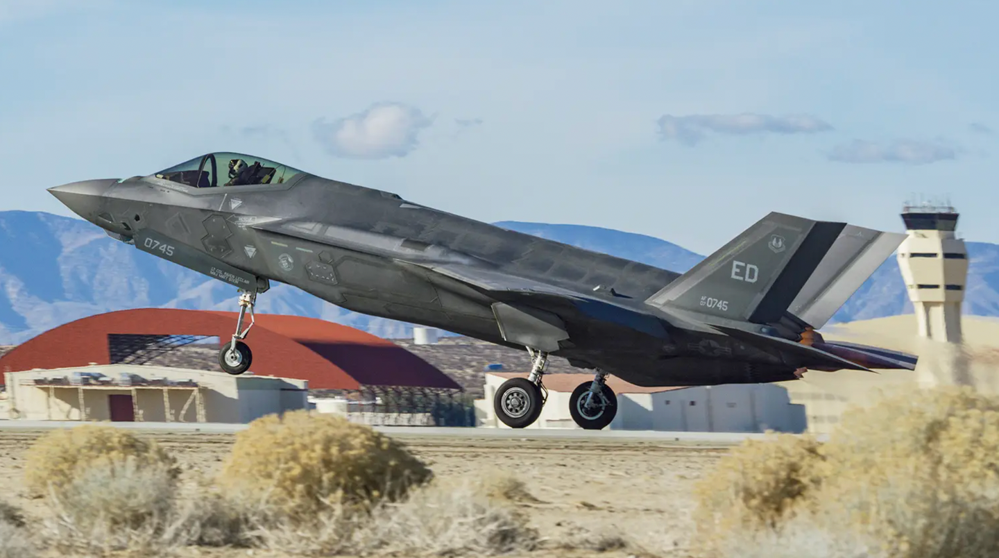 An F-35A from the Integrated Test Force takes off from Edwards Air Force Base for the first time in the new <a href="https://www.twz.com/f-35-has-flown-with-its-new-computer-backbone-for-the-first-time">Technology Refresh 3</a>, or TR-3, configuration, in January this year. <em>U.S. Air Force/Edwards Air Force Base</em>