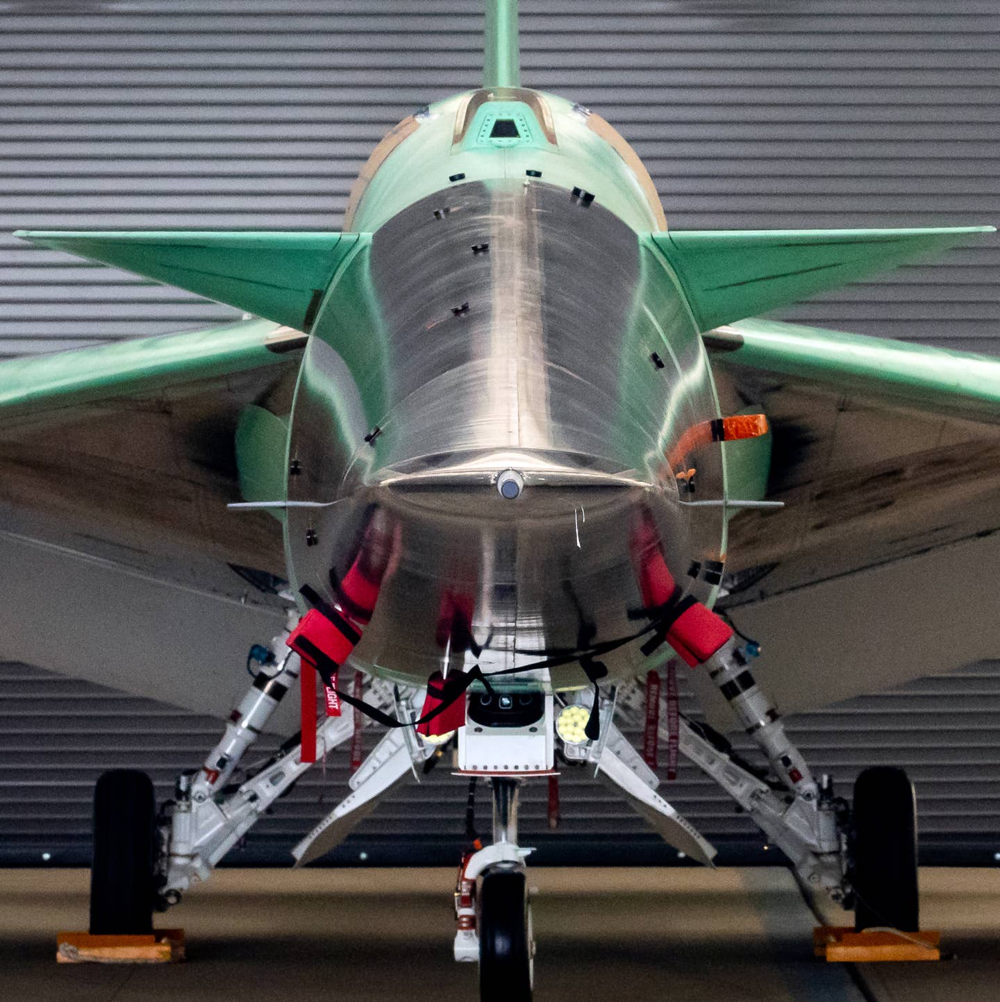 A close-up head-on view of the X-59, now nearing completion at Palmdale, California. <em>Lockheed Martin</em>