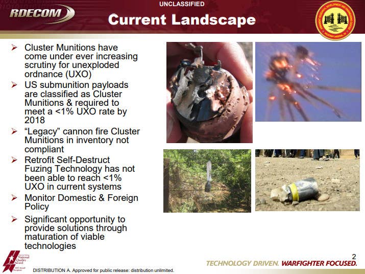 A US Army briefing slide from 2016 discussing issues regarding cluster munitions, including the inability of retrofitted self-destructing fuzes to meet the Pentagon's reliability target at the time. <em>US Army</em>