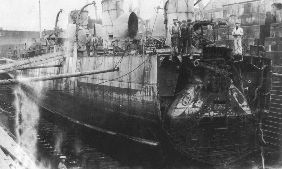 HMS <em>Nubian</em> in dry dock after losing its bow. <em>Unknown author </em>