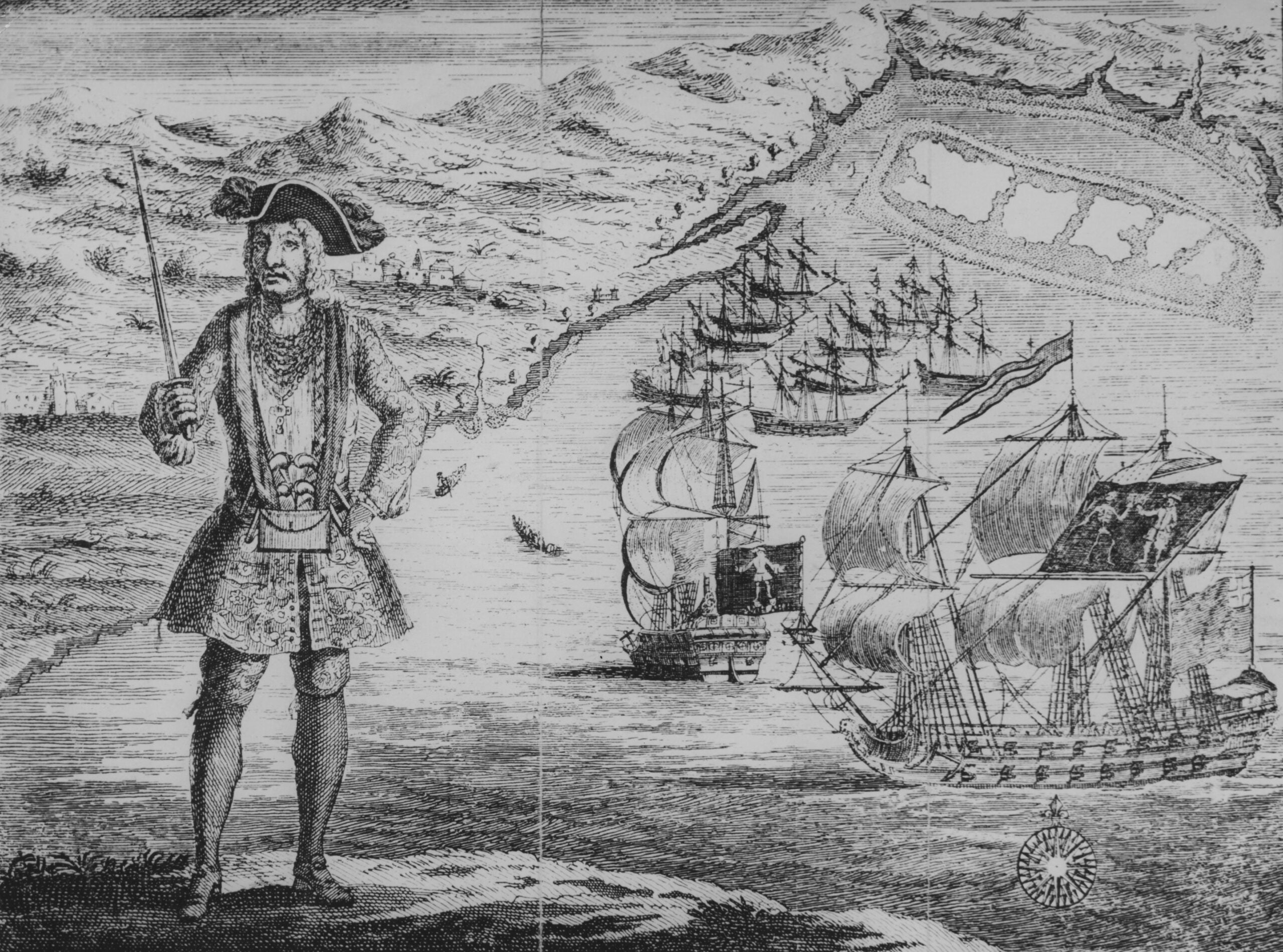 Welsh pirate Bartholomew Roberts (1682 - 1722) pictured off the coast of West Africa, where he met his end shortly after, 11th January 1722. Behind him are two of the ships under his command, 'Royal Fortune' and 'Ranger'. An engraving by B. Cole from 'A History of the Pyrates' by Captain Charles Johnson, c. 1724. (Photo by Hulton Archive/Getty Images)